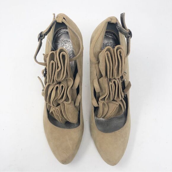 VINCE CAMUTO | Marcia Almond-Toe Ruffle Top Tan Suede Heels Women’s Size 8.5 - Picture 2 of 12